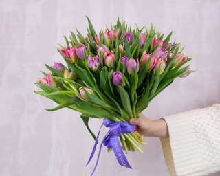 Букет из 51 пионовидного тюльпана микс под ленту  small - 4