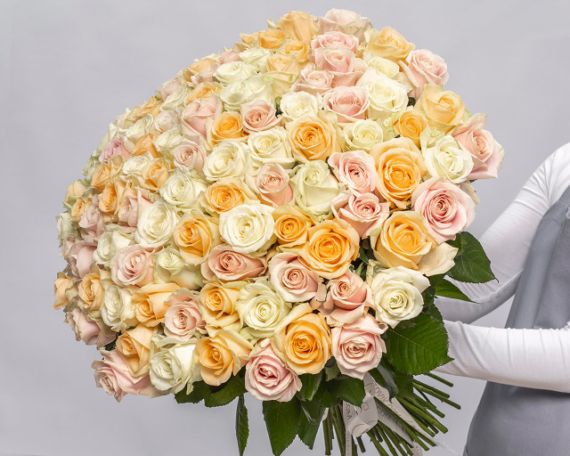 Букет из 101 розы 50-60 см (Россия) в пастельных тонах под ленту  - 1